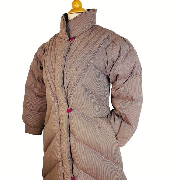 Vintage J. Gallery Down Coat size PM Burgandy & Cream pinstripe Long - Picture 1 of 16